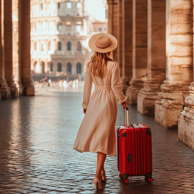 Mulher com mala vermelha em Roma