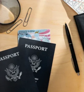 Imagem de dois passaportes americanos, um cartão de residente permanente (Green Card), um mapa, um clipe de papel, uma caneta e uma lupa sobre uma mesa de madeira, simbolizando processos de cidadania e imigração.