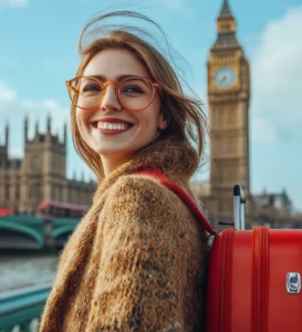 Imagem de uma mulher sorridente usando óculos e casaco, carregando uma mala vermelha com o Big Ben ao fundo, simbolizando mudança ou viagem para o exterior.
